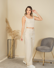 Set 2 Piezas Camisa Corta, Pantalón Wide Leg Tiro Alto Abertura en Bota Marca Trucco´s