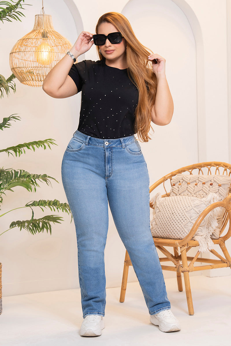 Jean Bota Recta Tiro Alto Efecto Devanecido Relojero Invisible Marca Trucco´s Plus Size