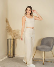 Set 2 Piezas Camisa Corta, Pantalón Wide Leg Tiro Alto Abertura en Bota Marca Trucco´s