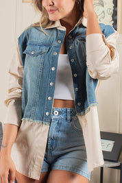 White Long-Sleeved Shirt with Front Denim Block by Trucco's Brand