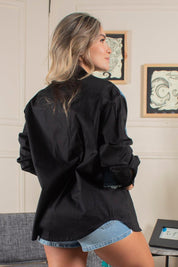 White Long-Sleeved Shirt with Front Denim Block by Trucco's Brand