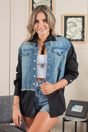 White Long-Sleeved Shirt with Front Denim Block by Trucco's Brand