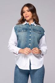 White Long-Sleeved Shirt with Front Denim Block by Trucco's Brand
