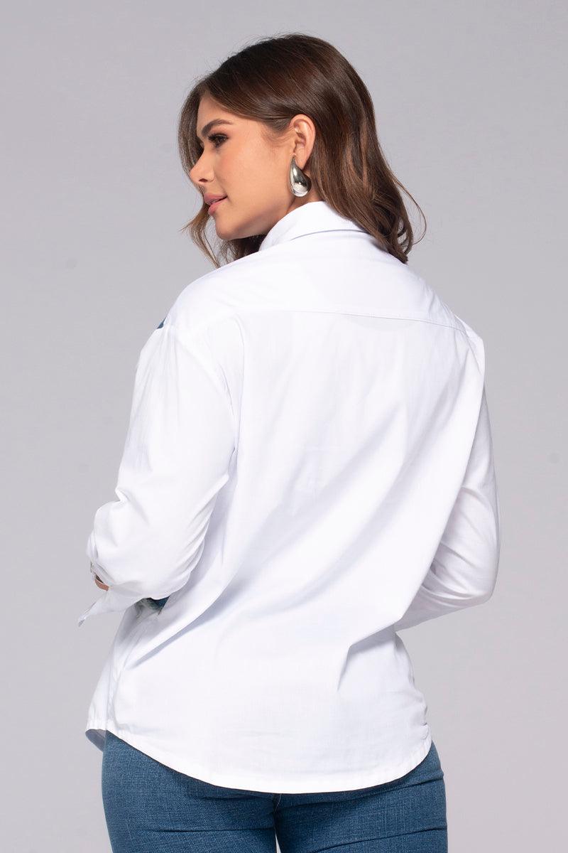 White Long-Sleeved Shirt with Front Denim Block by Trucco's Brand