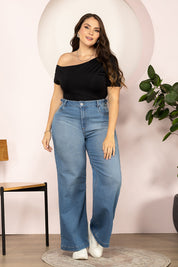 Jean Wide Leg Denim Tiro Alto Corte Fluido y Moderno Marca Trucco´s Plus size