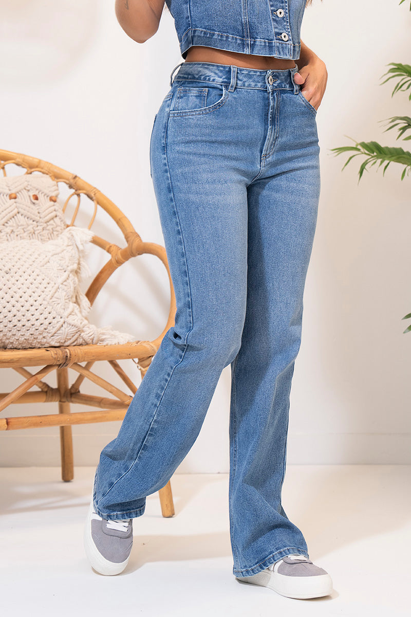 Jean Wide Leg Tiro Alto Desgaste Efecto Bigote Marca Trucco´s