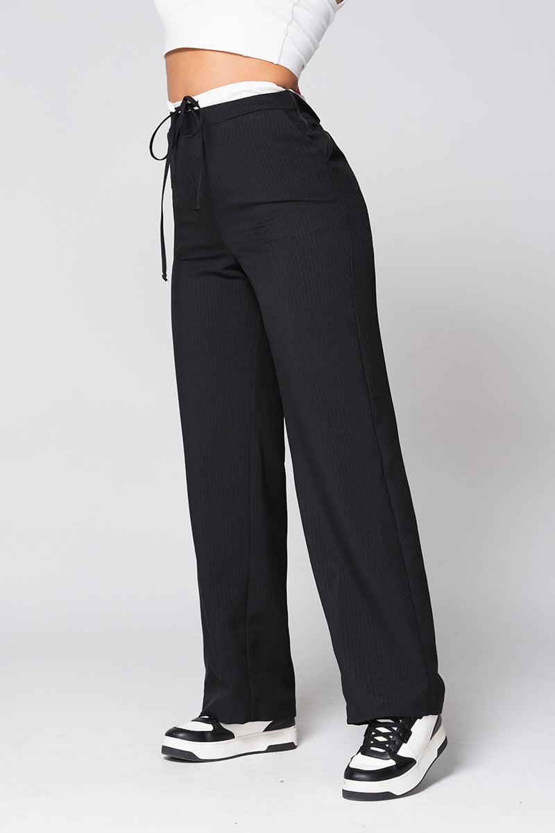 Wide Leg Pants, High Waist, Double Contrast Waistband, Tie