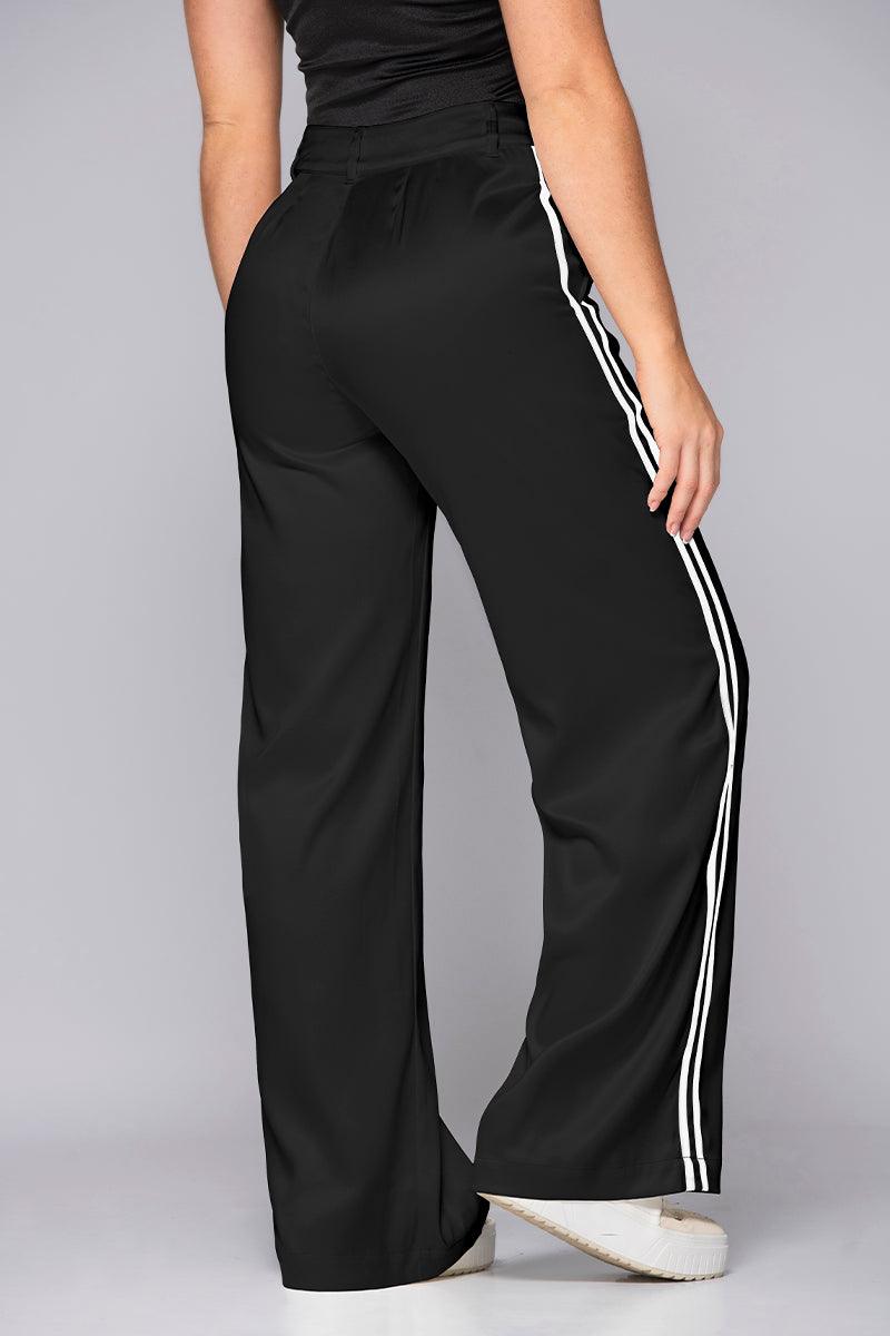 Wide Leg Pants High Waist Satin Double Breasted Waistband Contrast Side Stripes Trucco's Brand