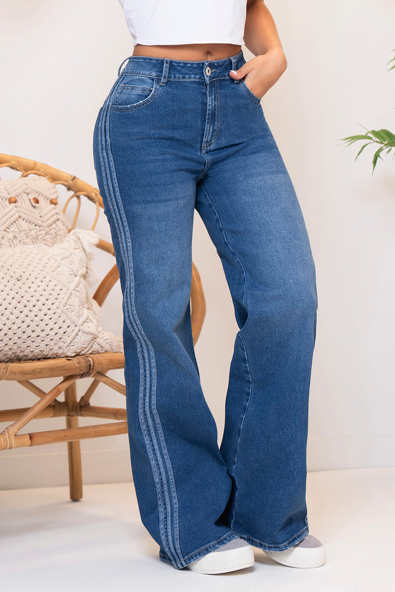 Jean Wide Leg Tiro Alto Rayas Laterales índigo en Contraste Marca Trucco´s