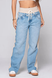 High-rise Active Pants in Block Denim Overlay with a sporty tie waistband by Trucco's