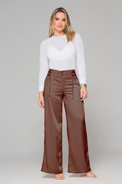 Wide Leg Pants High Waist Satin Effect Wide Waistband with Ties on the Sides Trucco's Brand