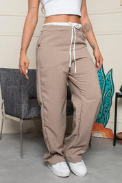 Wide Leg Pants, High Waist, Double Contrast Waistband, Tie Side Closure, Trucco's Brand