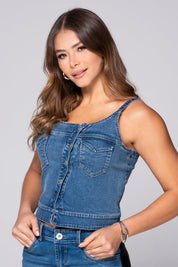 Strappy Denim Blouse with Asymmetrical Buttons Trucco's Brand