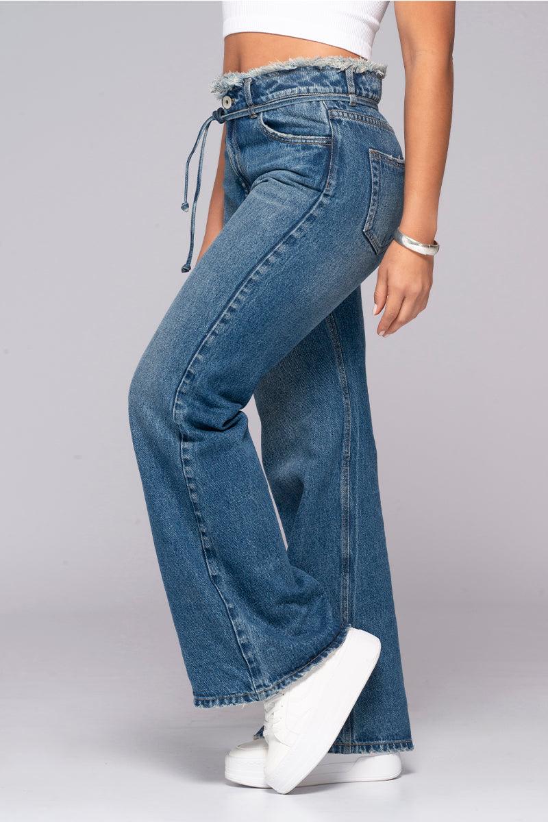 Wide Leg Jean High Rise Frayed Waistband with Ties Trucco's Brand